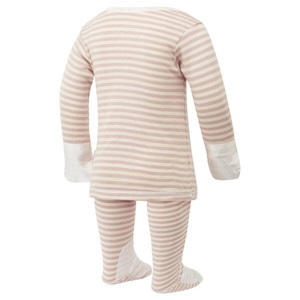 Back view of babies cappuccino stripe ScratchSleeves pyjama top and bottoms set. Cappuccino and cream striped body, arms and legs in 100% cotton jersey. Envelope neckline with a cream trim and white 100% natural silk, sewn in mitts. Pyjama bottoms have external leg, waist and bottom seams with white stitching. Closed feet with a layer of white, 100% woven cotton over the front of the foot, under the toe and inside of ankle.