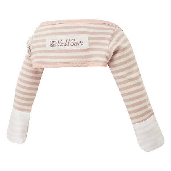 Back view of babies bolero style cappuccino stripe ScratchSleeves. Cappuccino and cream stripe body and long sleeves with cappuccino colour trim and white sewn in eczema mitts. 100% cotton body and 100% natural silk mitts. External branding in the middle of the back