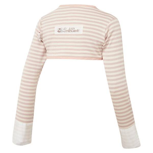 Back view of children's bolero style cappuccino stripe ScratchSleeves. Cappuccino and cream stripe body and long sleeves with cappuccino colour trim and white sewn in eczema mitts. 100% cotton body and 100% natural silk mitts. External branding in the middle of the back.