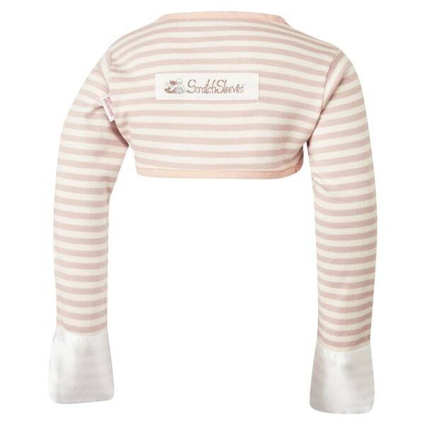 Back view of toddlers bolero style cappuccino stripe ScratchSleeves. Cappuccino and cream stripe body and long sleeves with cappuccino colour trim and white sewn in eczema mitts. 100% cotton body and 100% natural silk mitts. External branding in the middle of the back.