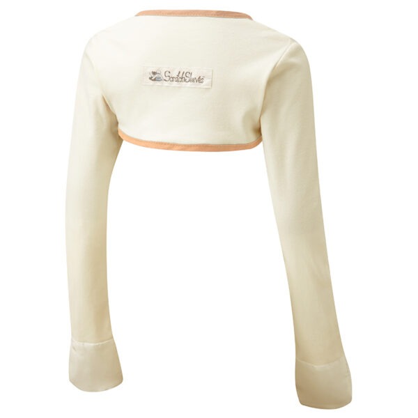 Back view of big kids bolero style original cream ScratchSleeves. Cream body and long sleeves with cappuccino colour trim and white sewn in eczema mitts. 100% cotton body and 100% natural silk mitts. External branding in the middle of the back.
