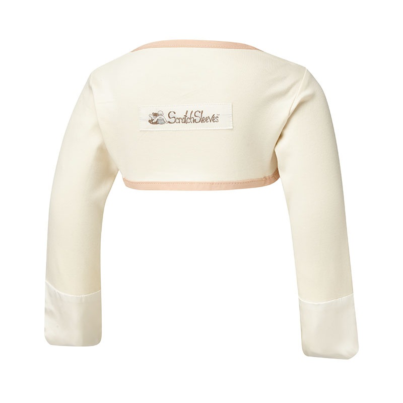 Back view of toddlers bolero style original cream ScratchSleeves. Cream body and long sleeves with cappuccino colour trim and white sewn in eczema mitts. 100% cotton body and 100% natural silk mitts. External branding in the middle of the back.