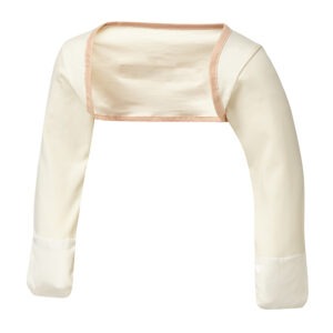 Front view of toddlers bolero style original cream ScratchSleeves. Cream body and long sleeves with cappuccino colour trim and white sewn in eczema mitts. 100% cotton body and 100% natural silk mitts.