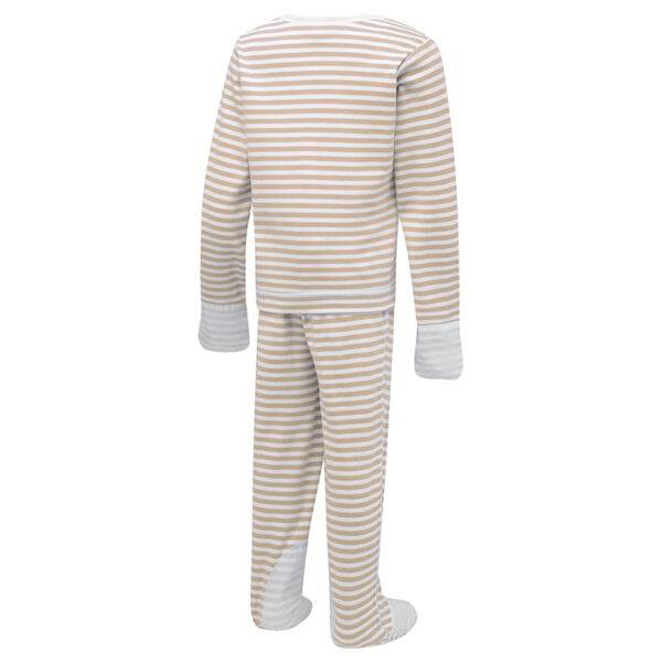 Back view of children's cappuccino stripe ScratchSleeves pyjama top and bottoms set. Cappuccino and cream striped body, arms and legs in 100% cotton jersey. Envelope neckline with a cream trim and white 100% natural silk, sewn in mitts. Pyjama bottoms have external leg, waist and bottom seams with white stitching. Closed feet with a layer of white, 100% woven cotton over the front of the foot, under the toe and inside of ankle.