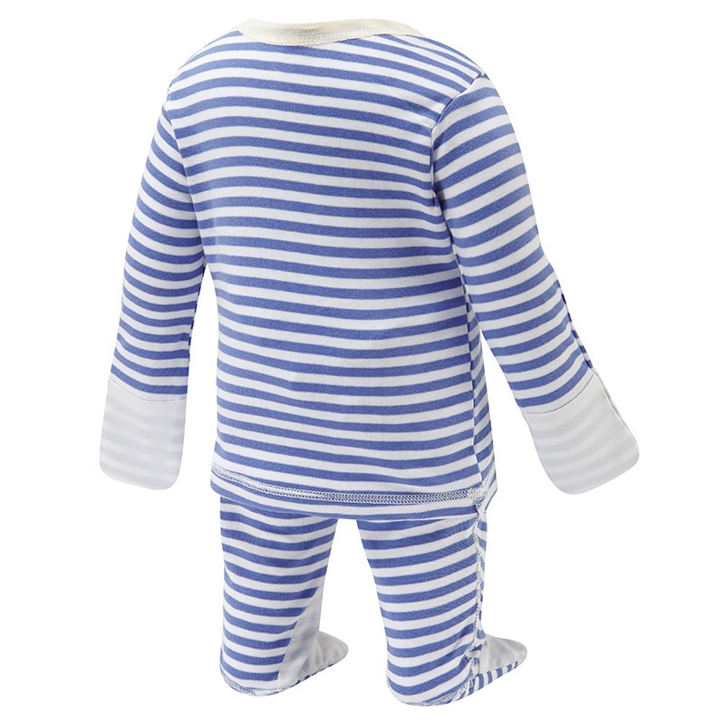 Back view of babies blue stripe ScratchSleeves pyjama top and bottoms set. Blue and white striped body, arms and legs in 100% cotton jersey. Envelope neckline with a cream trim and white 100% natural silk, sewn in mitts. Pyjama bottoms have external leg, waist and bottom seams with white stitching. Closed feet with a layer of white, 100% woven cotton over the front of the foot, under the toe and inside of ankle.