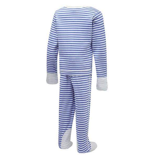 Back view of children's blue stripe ScratchSleeves pyjama top and bottoms set. Blue and white striped body, arms and legs in 100% cotton jersey. Envelope neckline with a cream trim and white 100% natural silk, sewn in mitts. Pyjama bottoms have external leg, waist and bottom seams with white stitching. Closed feet with a layer of white, 100% woven cotton over the front of the foot, under the toe and inside of ankle.