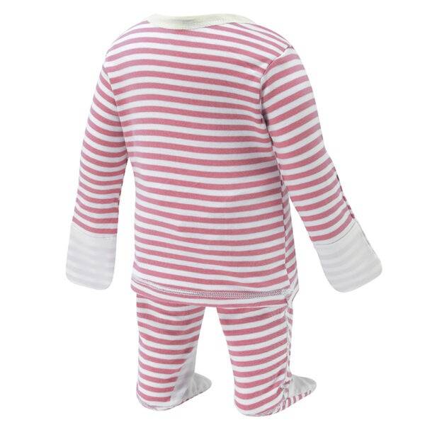 Back view of babies pink stripe ScratchSleeves pyjama top and bottoms set. Pink and white striped body, arms and legs in 100% cotton jersey. Envelope neckline with a cream trim and white 100% natural silk, sewn in mitts. Pyjama bottoms have external leg, waist and bottom seams with white stitching. Closed feet with a layer of white, 100% woven cotton over the front of the foot, under the toe and inside of ankle.