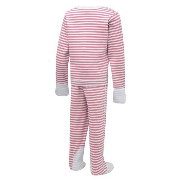 Back view of children's pink stripe ScratchSleeves pyjama top and bottoms set. Pink and white striped body, arms and legs in 100% cotton jersey. Envelope neckline with a cream trim and white 100% natural silk, sewn in mitts. Pyjama bottoms have external leg, waist and bottom seams with white stitching. Closed feet with a layer of white, 100% woven cotton over the front of the foot, under the toe and inside of ankle.