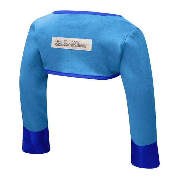 Back view of toddlers bolero style special edition kingfisher blue ScratchSleeves. Blue body and long sleeves with dark blue trim and sewn in eczema mitts. 100% cotton body and 100% natural silk mitts. External branding in the middle of the back.