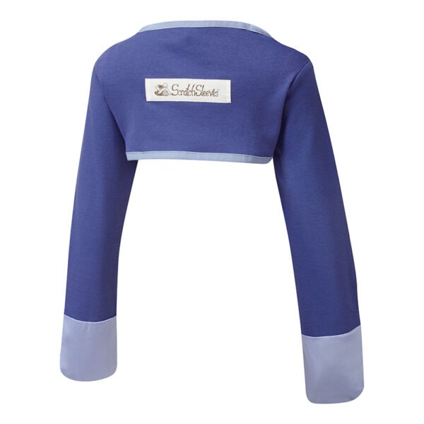 Back view of children's bolero style special edition night sky blue ScratchSleeves. Dark blue body and long sleeves with light blue trim and sewn in eczema mitts. 100% cotton body and 100% natural silk mitts. External branding in the middle of the back.