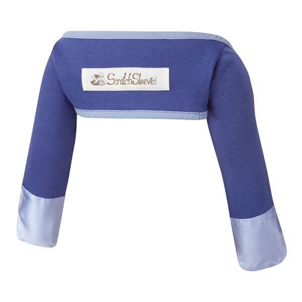 Back view of babies bolero style special edition night sky blue ScratchSleeves. Dark blue body and long sleeves with light blue trim and sewn in eczema mitts. 100% cotton body and 100% natural silk mitts. External branding in the middle of the back.