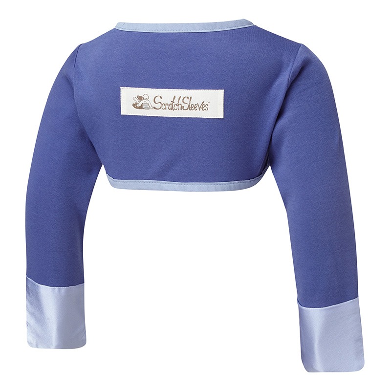 Back view of toddlers bolero style special edition night sky blue ScratchSleeves. Dark blue body and long sleeves with light blue trim and sewn in eczema mitts. 100% cotton body and 100% natural silk mitts. External branding in the middle of the back.