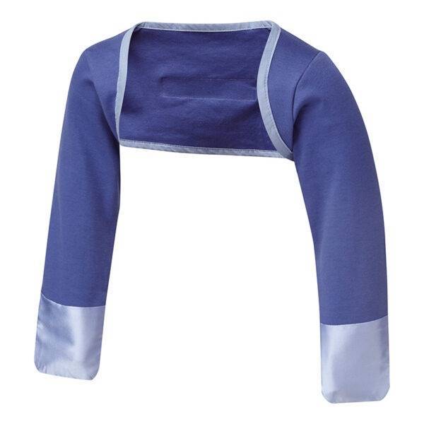 Front view of toddlers bolero style special edition night sky blue ScratchSleeves. Dark blue body and long sleeves with light blue trim and sewn in eczema mitts. 100% cotton body and 100% natural silk mitts.