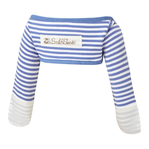 Back view of babies bolero style blue stripe ScratchSleeves. Blue and white stripe body and long sleeves with blue trim and white sewn in eczema mitts. 100% cotton body and 100% natural silk mitts. External branding in the middle of the back.