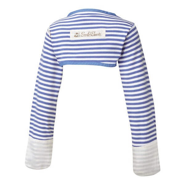 Back view of children's bolero style blue stripe ScratchSleeves. Blue and white stripe body and long sleeves with blue trim and white sewn in eczema mitts. 100% cotton body and 100% natural silk mitts. External branding in the middle of the back.