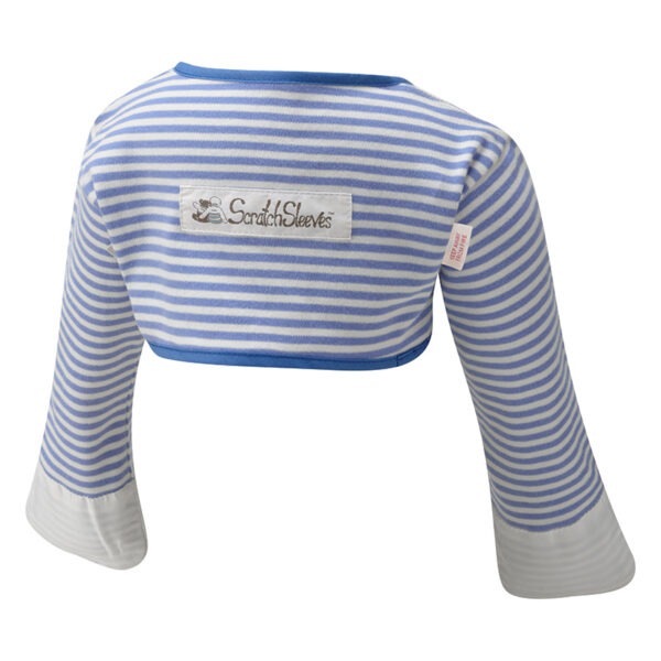 Back view of toddlers bolero style blue stripe ScratchSleeves. Blue and white stripe body and long sleeves with blue trim and white sewn in eczema mitts. 100% cotton body and 100% natural silk mitts. External branding in the middle of the back.