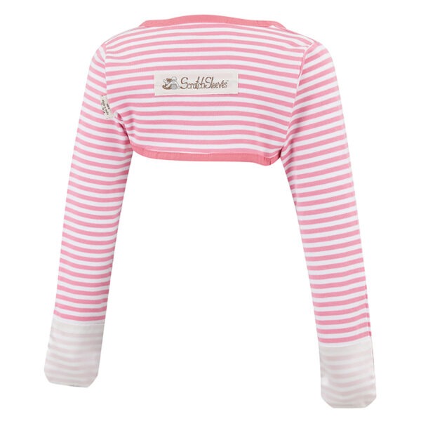 Back view of children's bolero style pink stripe ScratchSleeves. Pink and white stripe body and long sleeves with pink trim and white sewn in eczema mitts. 100% cotton body and 100% natural silk mitts. External branding in the middle of the back.