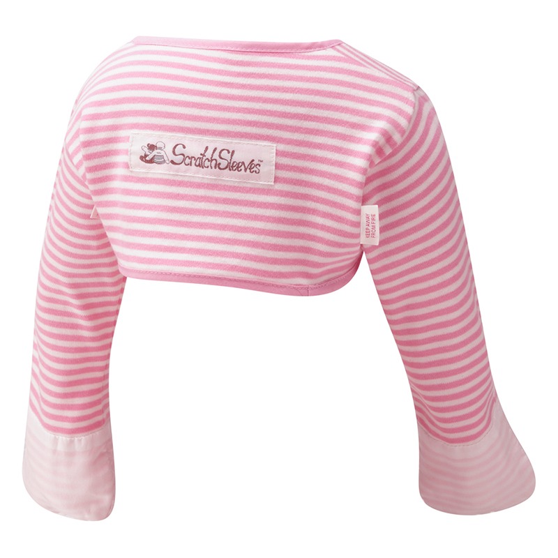 Back view of toddlers bolero style pink stripe ScratchSleeves. Pink and white stripe body and long sleeves with pink trim and white sewn in eczema mitts. 100% cotton body and 100% natural silk mitts. External branding in the middle of the back.