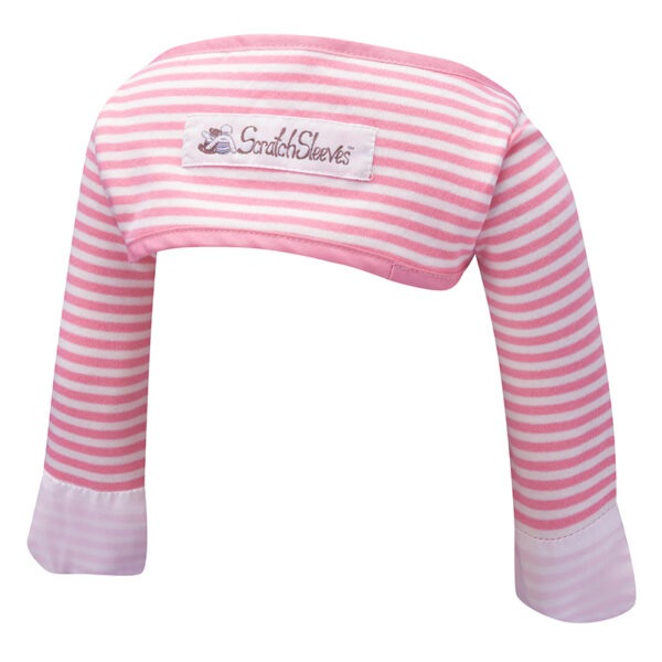 Back view of babies bolero style pink stripe ScratchSleeves. Pink and white stripe body and long sleeves with pink trim and white sewn in eczema mitts. 100% cotton body and 100% natural silk mitts. External branding in the middle of the back.