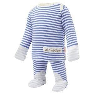 Front view of babies blue stripe ScratchSleeves pyjama top and bottoms set. Blue and white striped body, arms and legs in 100% cotton jersey. Envelope neckline with a cream trim and white 100% natural silk, sewn in mitts. Pyjama bottoms have external leg, waist and crutch seams with white stitching. Closed feet with a layer of white, 100% woven cotton over the front of the foot, under the toe and inside of ankle. External label and branding on the left side towards the base of the top.