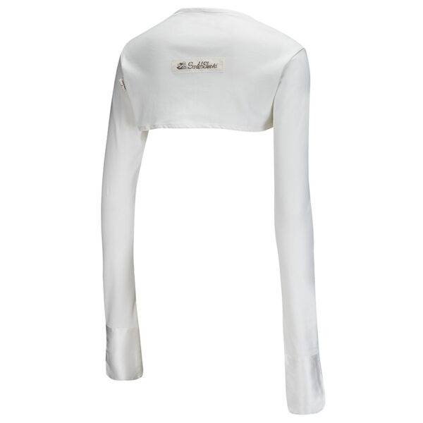 Back view of bolero style adults supersensitive ScratchSleeves. White dye-free body and long sleeves with white sewn in mitts. 100% cotton body and 100% natural silk mitts. External branding in the middle of the back.