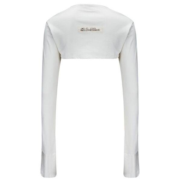 Back view of bolero style adults supersensitive ScratchSleeves. White dye-free body and long sleeves with white sewn in mitts. 100% cotton body and 100% natural silk mitts. External branding in the middle of the back.