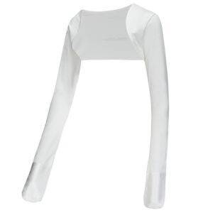 Front view of bolero style adults supersensitive ScratchSleeves. White dye-free body and long sleeves with white sewn in mitts. 100% cotton body and 100% natural silk mitts.