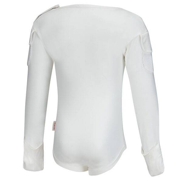 Back view of babies, toddlers and children's ScratchSleeves flip-mitt bodysuit, with GoodCatch tabs and popper neck fastenings. White dye-free body and sleeves. White mitts folded down to cover hands. 100% cotton body and 100% natural silk mitts.