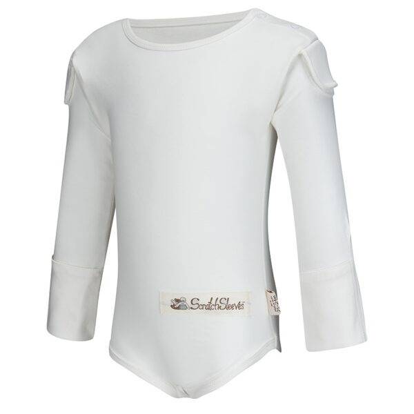 Front view of babies, toddlers and children's ScratchSleeves flip-mitt bodysuit, with GoodCatch tabs and popper neck fastenings. White dye-free body and sleeves. Mitts folded back and GoodCatch tabs hitching sleeves up. 100% cotton body and 100% natural silk mitts. External label and branding on the left side towards the base of the bodysuit.