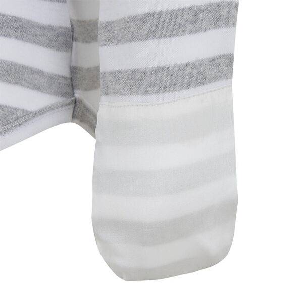 Close up of closed mitt on babies, toddlers and children's ScratchSleeves flip-mitt bodysuit. White and grey marl striped body and sleeve. White mitt folded down to cover hand. 100% cotton body and 100% natural silk mitt.