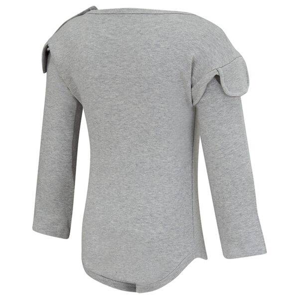 Back view of babies, toddlers and children's ScratchSleeves flip-mitt bodysuit, with GoodCatch tabs and popper neck fastenings. Grey marl body and sleeves. Mitts folded back and GoodCatch tabs hitching sleeves up. 100% cotton body and 100% natural silk mitts.