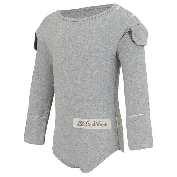 Front view of babies, toddlers and children's ScratchSleeves flip-mitt bodysuit, with GoodCatch tabs and popper neck fastenings. Grey marl body and sleeves. Mitts folded back and GoodCatch tabs hitching sleeves up. 100% cotton body and 100% natural silk mitts. External label and branding on the left side towards the base of the bodysuit.