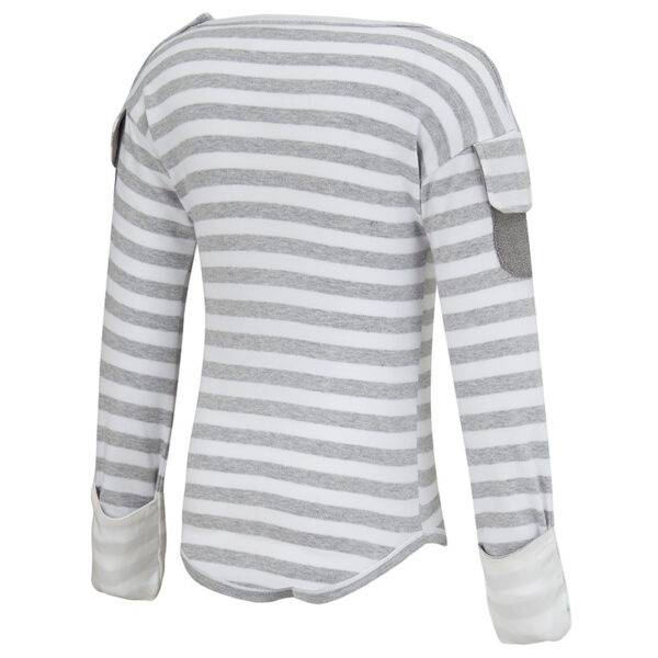 Back view of babies, toddlers and children's ScratchSleeves flip-mitt bodysuit, with GoodCatch tabs and popper neck fastenings. White and grey marl striped body and sleeves. White mitts folded down to cover hands. 100% cotton body and 100% natural silk mitts.