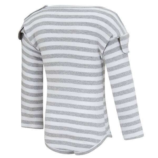 Back view of babies, toddlers and children's ScratchSleeves flip-mitt bodysuit, with GoodCatch tabs and popper neck fastenings. White and grey marl striped body and sleeves. Mitts folded back and GoodCatch tabs hitching sleeves up. 100% cotton body and 100% natural silk mitts.