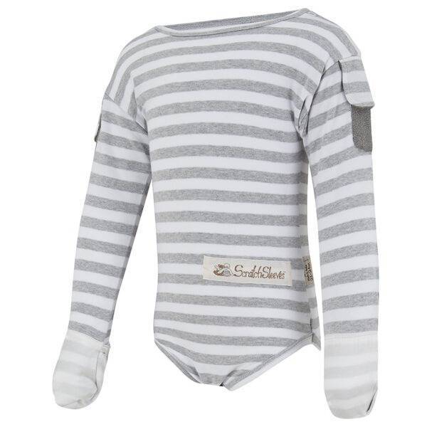 Front view of babies, toddlers and children's ScratchSleeves flip-mitt bodysuit, with GoodCatch tabs and popper neck fastenings. White and grey marl striped body and sleeves. White mitts folded down to cover hands. 100% cotton body and 100% natural silk mitts. External label and branding on the left side towards the base of the bodysuit.
