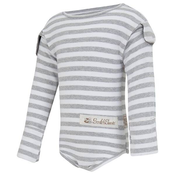 Front view of babies, toddlers and children's ScratchSleeves flip-mitt bodysuit, with GoodCatch tabs and popper neck fastenings. White and grey marl striped body and sleeves. Mitts folded back and GoodCatch tabs hitching sleeves up. 100% cotton body and 100% natural silk mitts. External label and branding on the left side towards the base of the bodysuit.