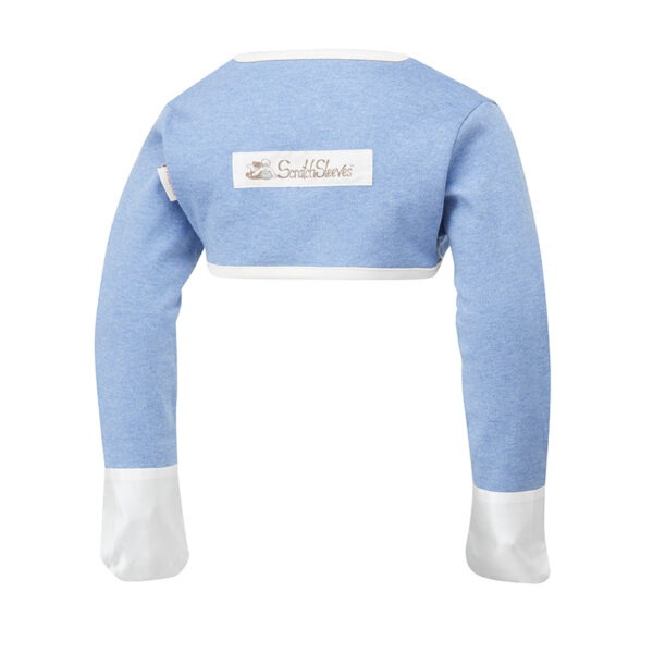 Back view of babies, toddlers and children's bolero style blue cross-over ScratchSleeves. Blue marl body and long sleeves with cream trim and white sewn in eczema mitts. 100% cotton body and 100% natural silk mitts. External branding in the middle of the back.
