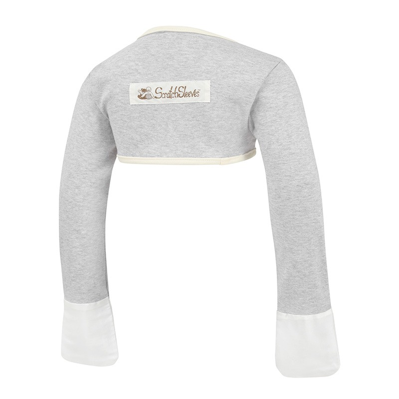 Back view of babies, toddlers and children's bolero style grey cross-over ScratchSleeves. Grey marl body and long sleeves with cream trim and white sewn in eczema mitts. 100% cotton body and 100% natural silk mitts. External branding in the middle of the back.