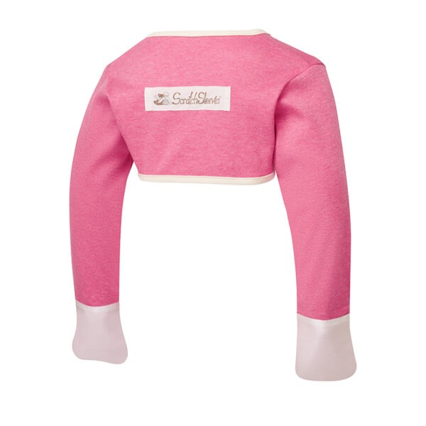Back view of babies, toddlers and children's bolero style pink cross-over ScratchSleeves. Pink marl body and long sleeves with cream trim and white sewn in eczema mitts. 100% cotton body and 100% natural silk mitts. External branding in the middle of the back.