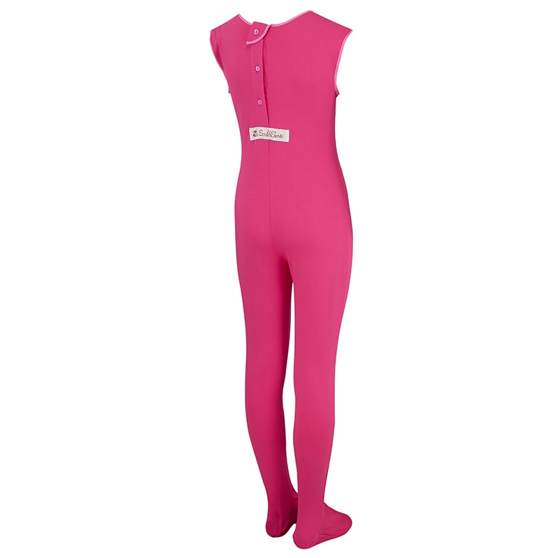 Back view of ScratchSleeves children and teens happy pink superhero dungarees with sewn in feet. Reinforced opening at the back, from the neck down to mid back with pink buttons holding it closed. Additional button to the right with loop closure and extra tab which folds over to the neckline with button fastening. Closed feet with a layer of pink, 100% woven cotton over the front of the foot and under the toe. Dark pink sleeveless body in 100% cotton jersey, edged in light pink woven cotton trim on the arm and neck. External branding on the back at the bottom of the opening.