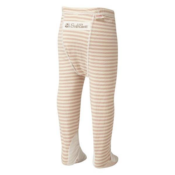 Back view of ScratchSleeves toddlers pyjama bottoms with sewn in feet. External leg, waist and bottom seams. Closed feet with a layer of white, 100% woven cotton over the front of the foot, under the toe and inside of ankle. Cappuccino and cream striped 100% cotton jersey legs with white external seams. External label and branding on the back near the top of the pyjama bottoms.