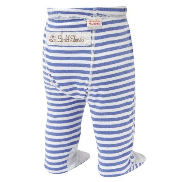 Back view of ScratchSleeves babies pyjama bottoms with sewn in feet. External leg, waist and bottom seams. Closed feet with a layer of white, 100% woven cotton over the front of the foot, under the toe and inside of ankle. Blue and white striped 100% cotton jersey legs with white external seams. External label and branding on the back near the top of the pyjama bottoms.
