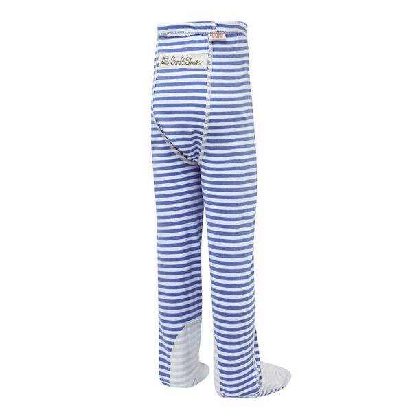 Back view of ScratchSleeves children's pyjama bottoms with sewn in feet. External leg, waist and bottom seams. Closed feet with a layer of white, 100% woven cotton over the front of the foot, under the toe and inside of ankle. Blue and white striped 100% cotton jersey legs with white external seams. External label and branding on the back near the top of the pyjama bottoms.