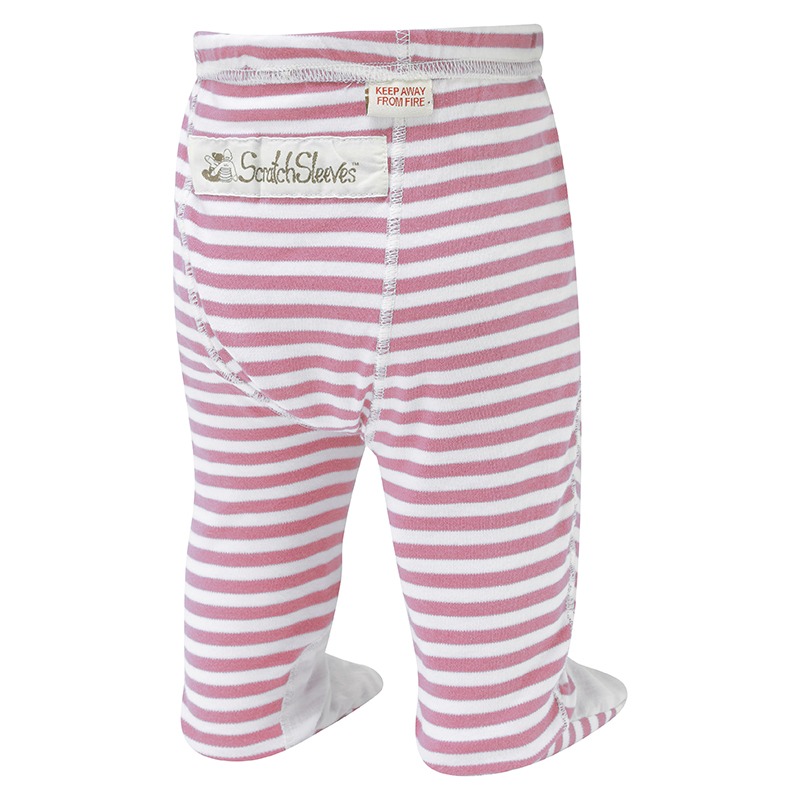 Back view of ScratchSleeves babies pyjama bottoms with sewn in feet. External leg, waist and bottom seams. Closed feet with a layer of white, 100% woven cotton over the front of the foot, under the toe and inside of ankle. Pink and white striped 100% cotton jersey legs with white external seams. External label and branding on the back near the top of the pyjama bottoms.