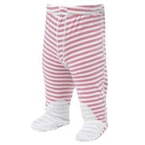 Front view of ScratchSleeves babies pyjama bottoms with sewn in feet. External leg, waist and crutch seams. Closed feet with a layer of white, 100% woven cotton over the front of the foot, under the toe and inside of ankle. Pink and white striped 100% cotton jersey legs with white external seams.