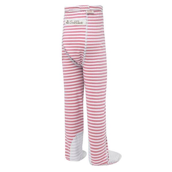 Back view of ScratchSleeves children's pyjama bottoms with sewn in feet. External leg, waist and bottom seams. Closed feet with a layer of white, 100% woven cotton over the front of the foot, under the toe and inside of ankle. Pink and white striped 100% cotton jersey legs with white external seams. External label and branding on the back near the top of the pyjama bottoms.