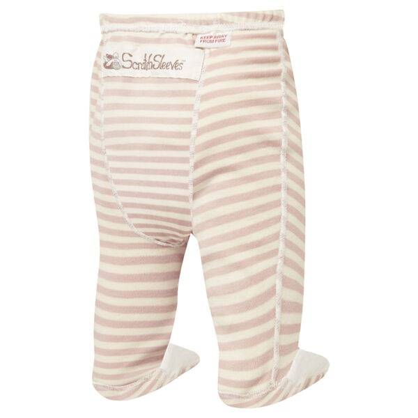 Back view of ScratchSleeves babies pyjama bottoms with sewn in feet. External leg, waist and bottom seams. Closed feet with a layer of white, 100% woven cotton over the front of the foot, under the toe and inside of ankle. Cappuccino and cream striped 100% cotton jersey legs with white external seams. External label and branding on the back near the top of the pyjama bottoms.