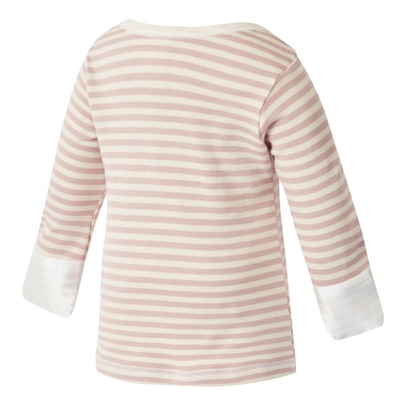 Back view of babies striped ScratchSleeves pyjama top. Cappuccino and cream striped body, envelope neckline with a cream trim and white sewn in mitts. 100% cotton body and 100% natural silk mitts.