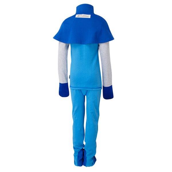 Back view of ScratchSleeves children's kingfisher blue superhero pyjama top and bottoms set with cape. External shoulder, neck, hem, leg, waist and bottom seams with blue stitching. Dark blue woven cotton over the front of the foot, under the toe and inside of ankle. Blue, 100% cotton jersey body and legs with grey marl sleeves. Dark blue cape and 100% natural silk sewn in mitts. External branding on the cape.