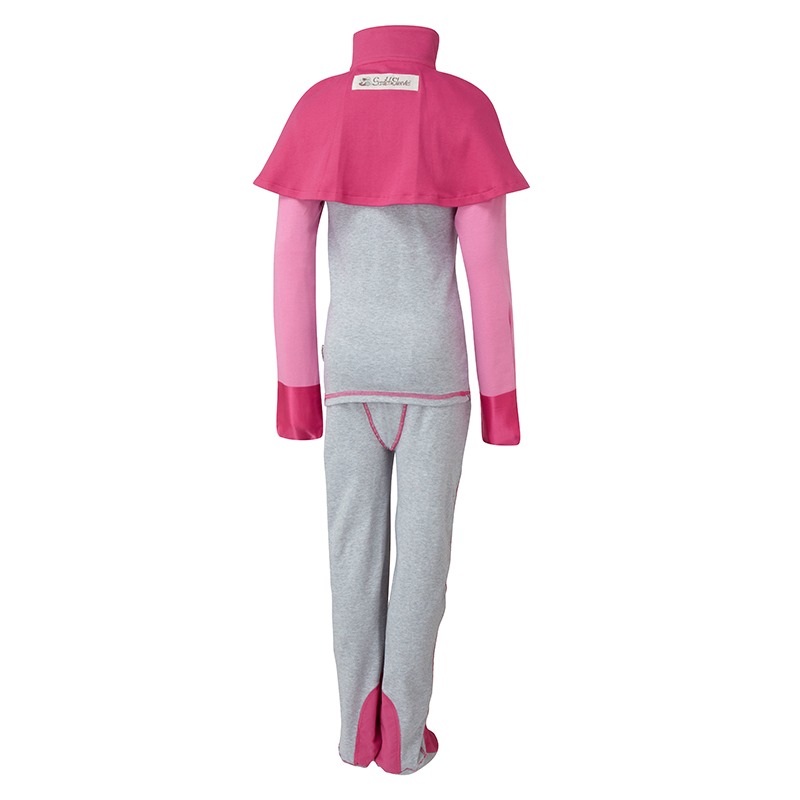 Back view of ScratchSleeves children's happy pink superhero pyjamas with cape. External shoulder, neck, hem, leg, waist and bottom seams with pink stitching. Dark pink woven cotton over the front of the foot, under the toe and inside of ankle. 100% cotton jersey body and legs in grey marl with pink sleeves. Dark pink cape and 100% natural silk sewn in mitts. External branding on the cape.